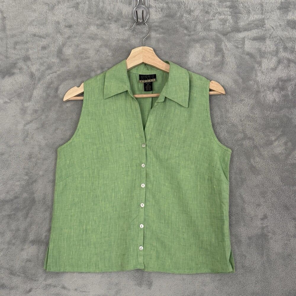 Sigrid Olsen 100% Linen Top Petite 8 Green Sleeveless V Neck Button